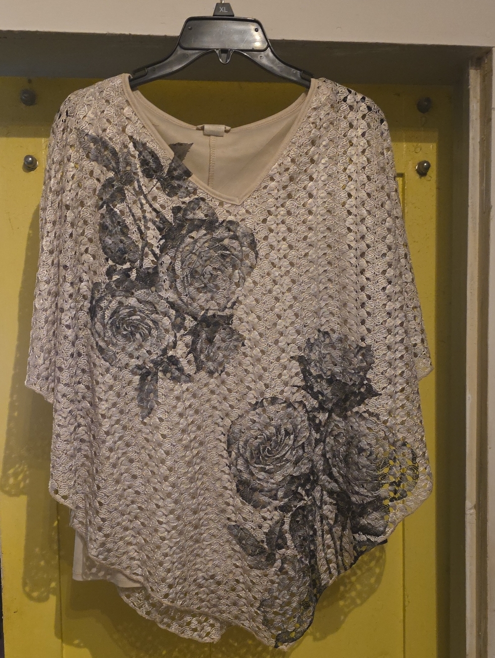 Brittany Black Beige Crochet Floral Overlay Tunic with Charcoal Roses